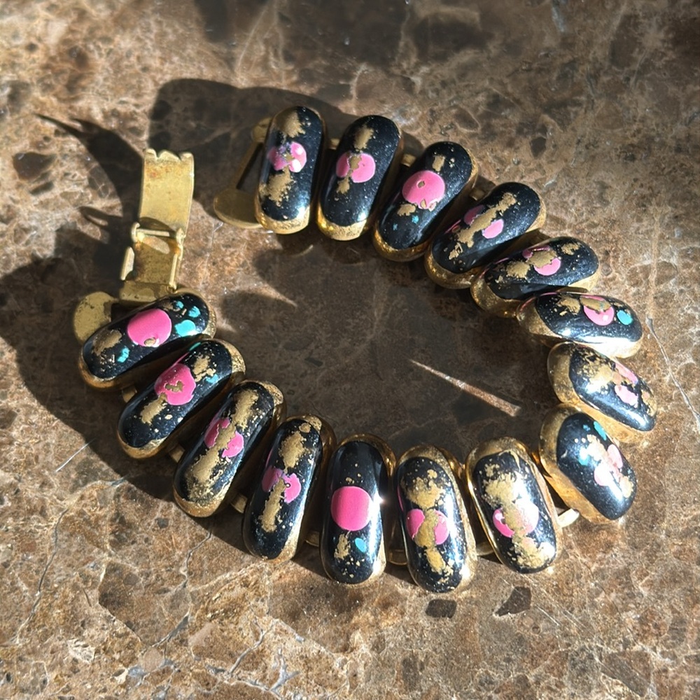 Vintage Black gold hot pink teal enamel brass bracelet very interesting